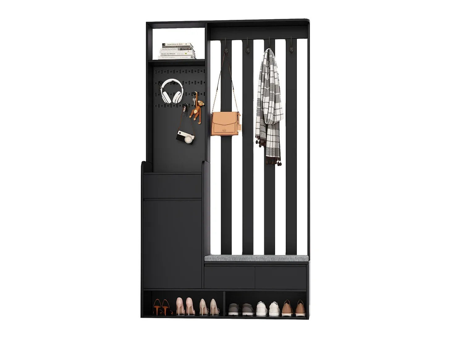 Roupeiro preto com 3 gavetas, 1 porta, 4 ganchos e painel perfurado, 100 x 35 x 180 cm
