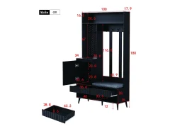 Roupeiro preto com 1 porta, 2 gavetas, 4 ganchos e 1 banco 100 x 35 x 180 cm