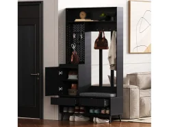 Roupeiro preto com 1 porta, 2 gavetas, 4 ganchos e 1 banco 100 x 35 x 180 cm