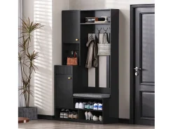 Roupeiro preto com 2 portas, 1 gaveta, 4 ganchos e 1 banco, 100x30x180cm