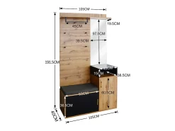 Roupeiro preto e madeira com espelho, 2 portas, banco e 4 ganchos 105x40x191,5cm