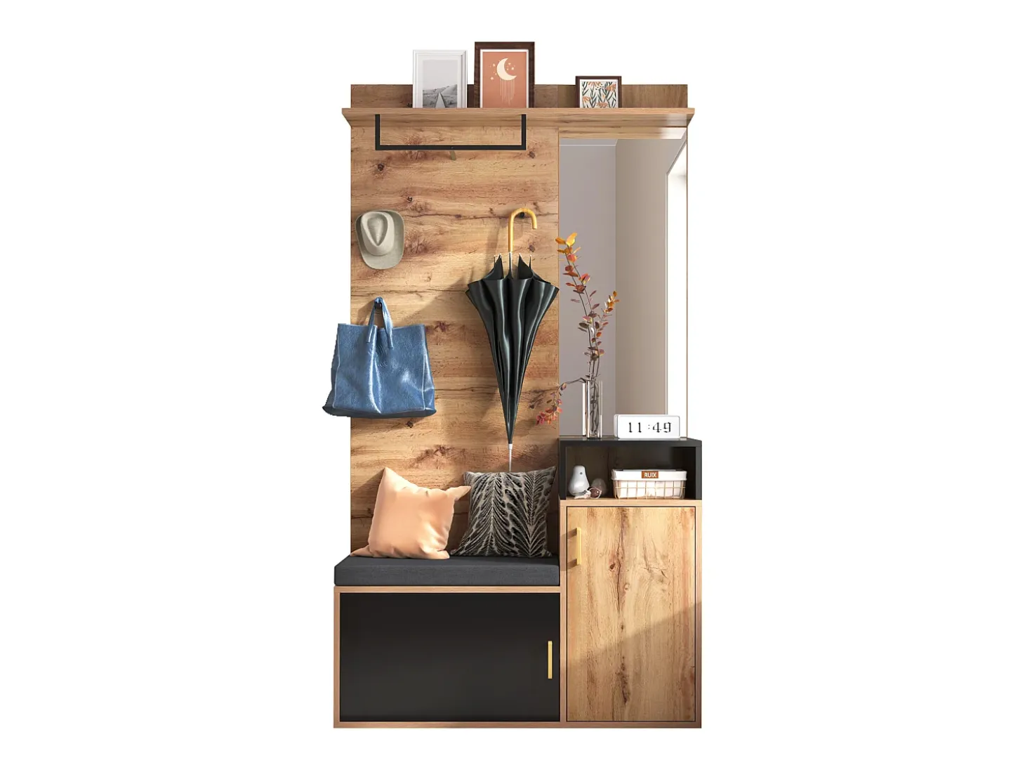 Roupeiro preto e madeira com espelho, 2 portas, banco e 4 ganchos 105x40x191,5cm