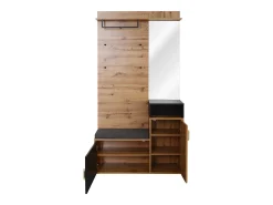 Roupeiro preto e madeira com espelho, 2 portas, banco e 4 ganchos 105x40x191,5cm