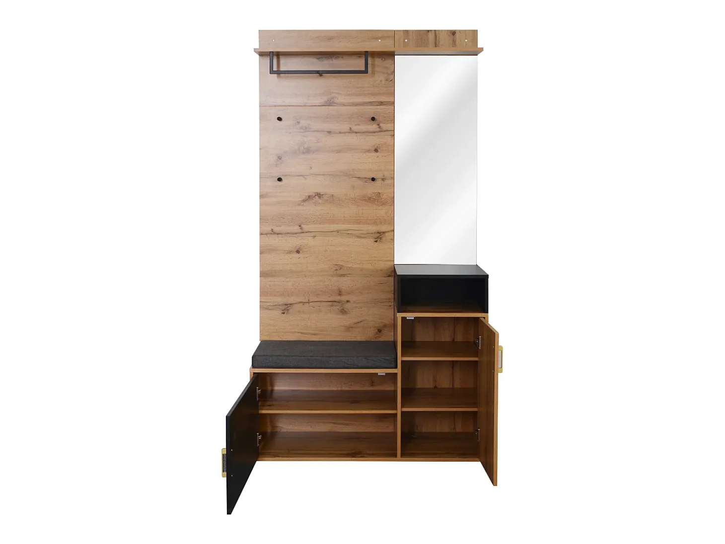 Roupeiro preto e madeira com espelho, 2 portas, banco e 4 ganchos 105x40x191,5cm