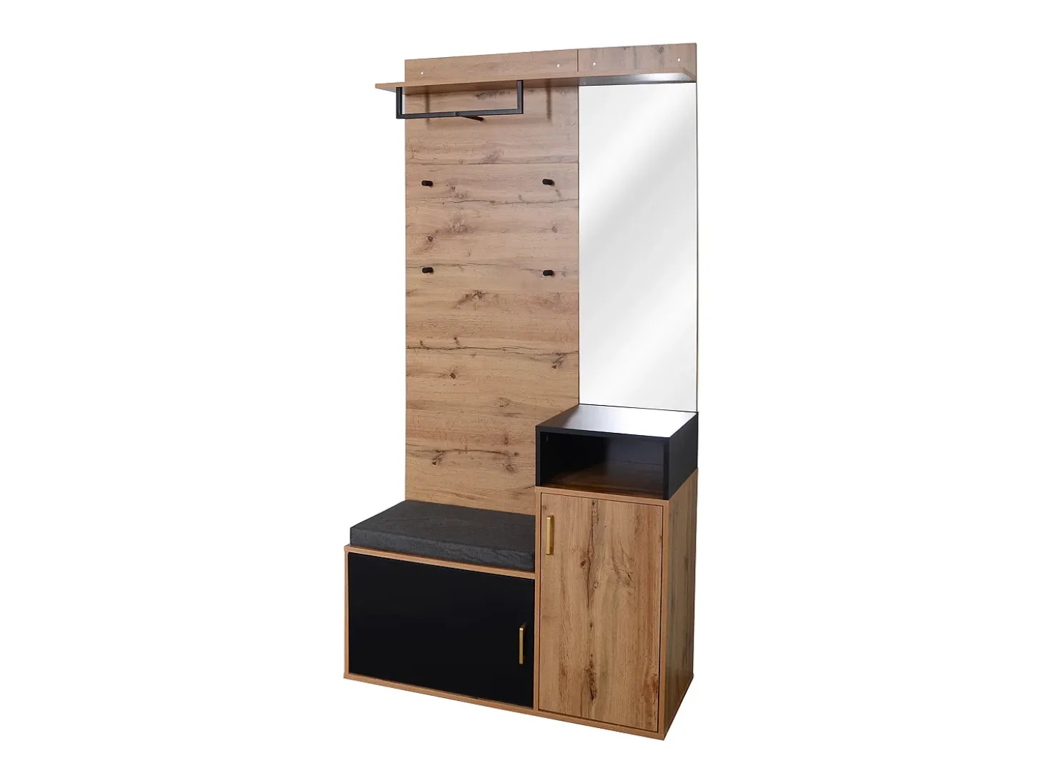 Roupeiro preto e madeira com espelho, 2 portas, banco e 4 ganchos 105x40x191,5cm