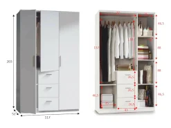 Roupeiro Providence, Roupeiro de quarto com 3 portas de batente, Armário com varão e 3 prateleiras, 117x52h203 cm, Branco