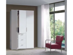 Roupeiro Providence, Roupeiro de quarto com 3 portas de batente, Armário com varão e 3 prateleiras, 117x52h203 cm, Branco