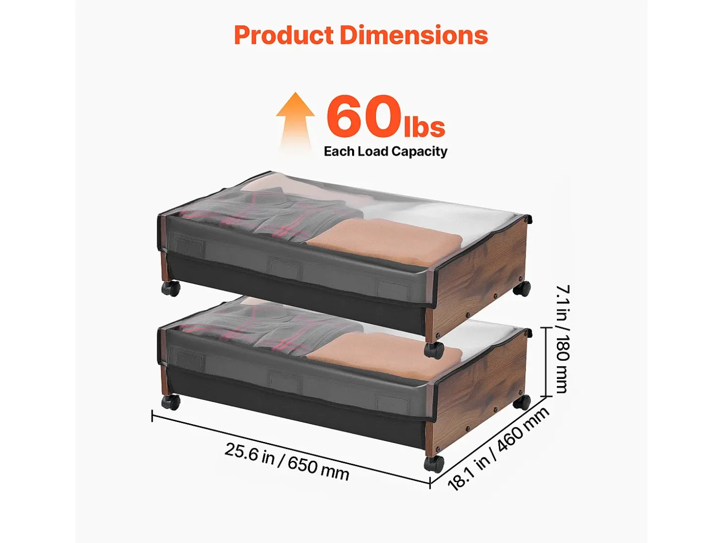 Sacos de Armazenamento SucceBuy sob a Cama com Rodinhas Traváveis, Organizador de Sapatos sob a Cama 2 Peças de 65 x 46 x 18 cm, Caixa de Armazenamento