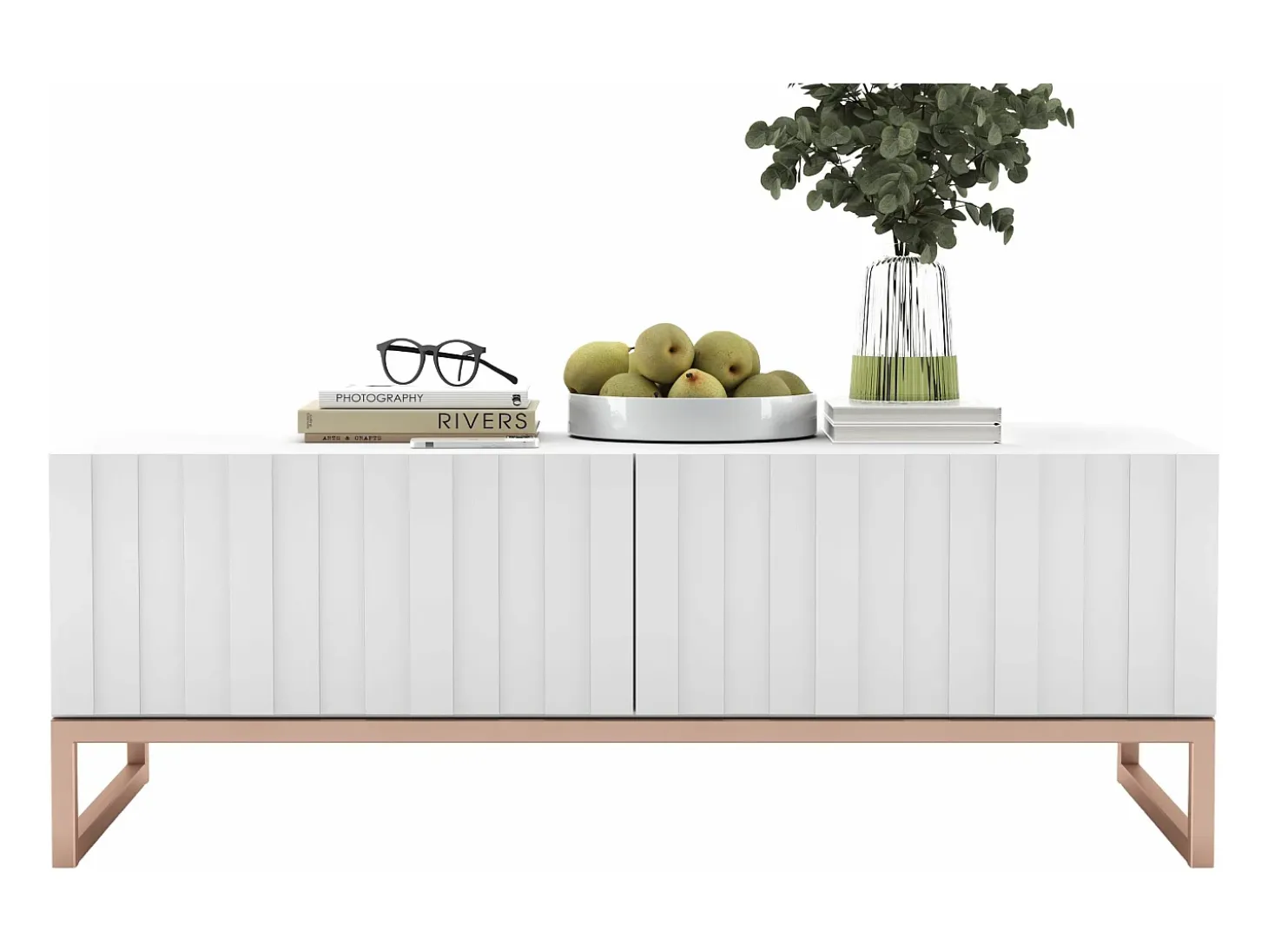 Salontafel met 2 deuren – Matwitte kast, geribde matwitte fronten – 110 cm, metalen frame