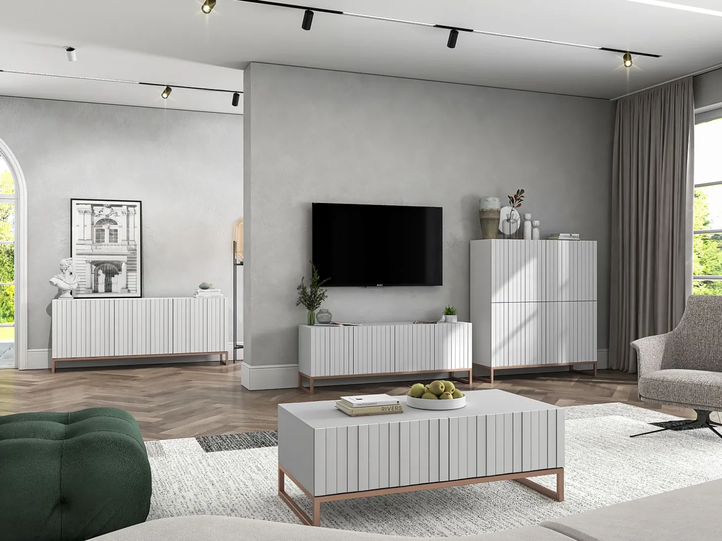 Salontafel met 2 deuren – Matwitte kast, geribde matwitte fronten – 110 cm, metalen frame