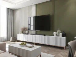 Salontafel met 2 deuren – Matwitte kast, geribde matwitte fronten – 110 cm, metalen frame