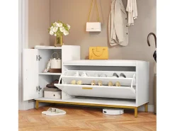 Sapateira - 100 x 38 x 68 cm - com 2 compartimentos + 1 porta + assento estofado - branco e dourado - metal + aglomerado