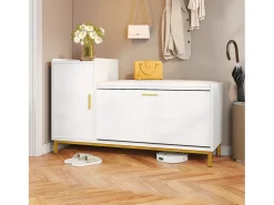 Sapateira - 100 x 38 x 68 cm - com 2 compartimentos + 1 porta + assento estofado - branco e dourado - metal + aglomerado