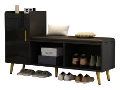 Sapateira - 120 x 35 x 71,5 cm - com assento estofado + espaço para armazenamento - aglomerado - preto