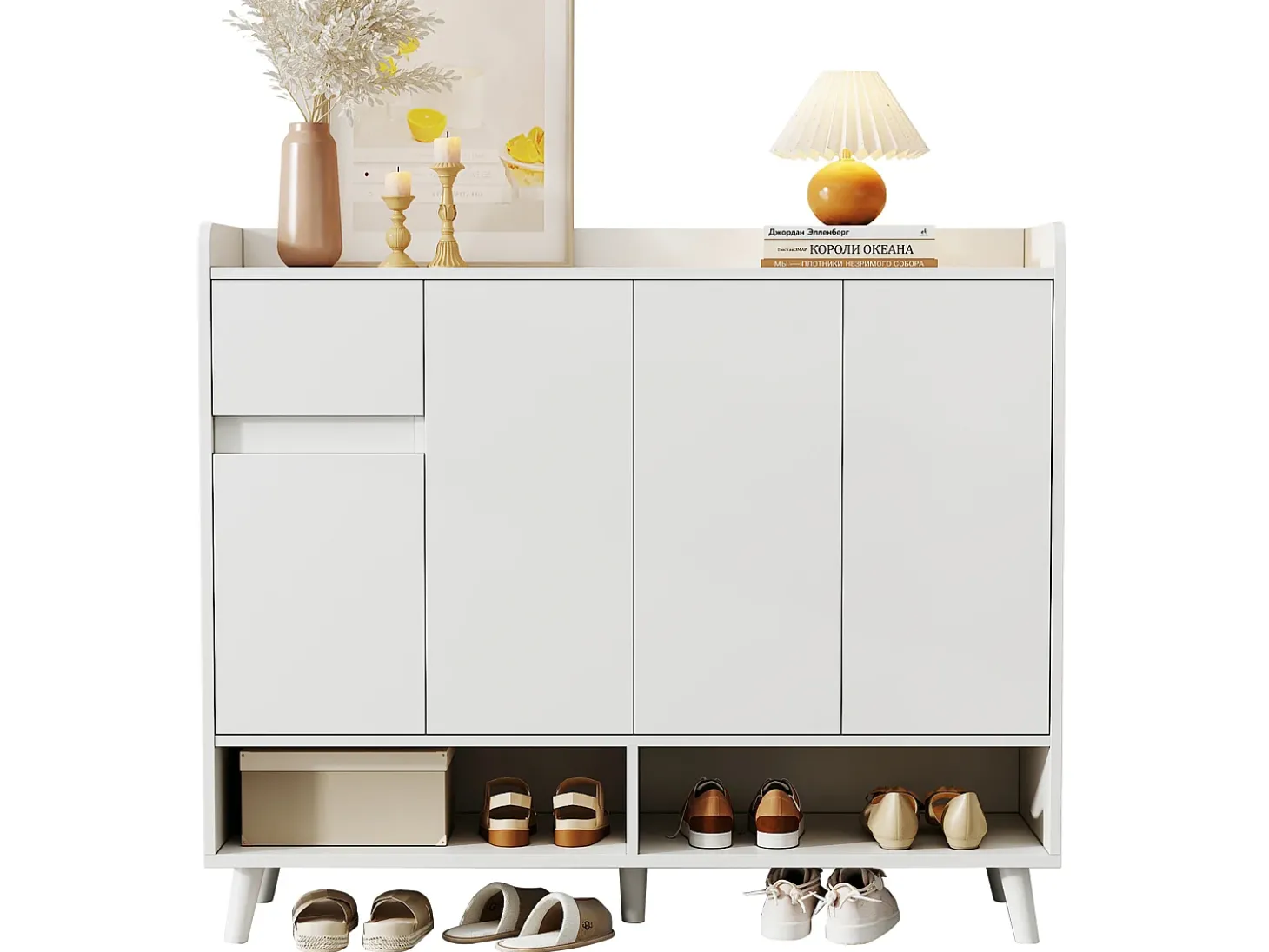 Sapateira - 120 x 35 x 99 cm - com 4 portas e 1 gaveta + prateleira ajustável - amplo espaço de armazenamento - aglomerado - branco