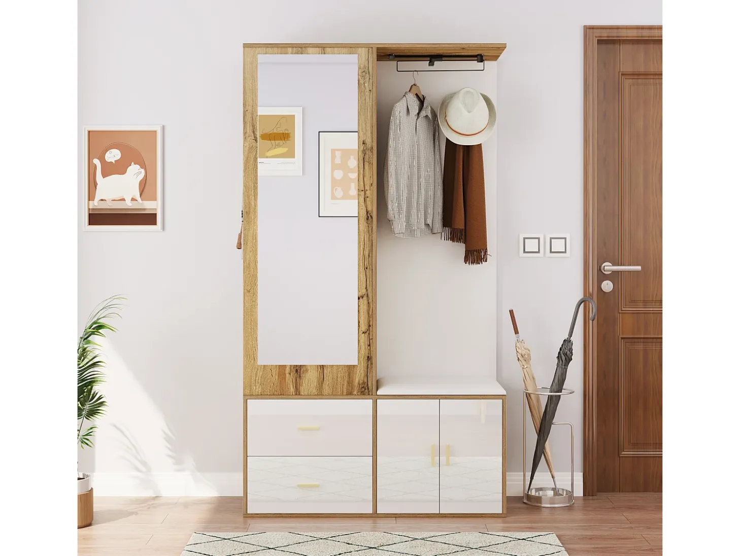 Sapateira + banco + roupeiro com espelho - 2 portas e 2 gavetas - 100x38x180cm - Aglomerado - Branco e natural