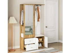 Sapateira + banco + roupeiro com espelho - 2 portas e 2 gavetas - 100x38x180cm - Aglomerado - Branco e natural