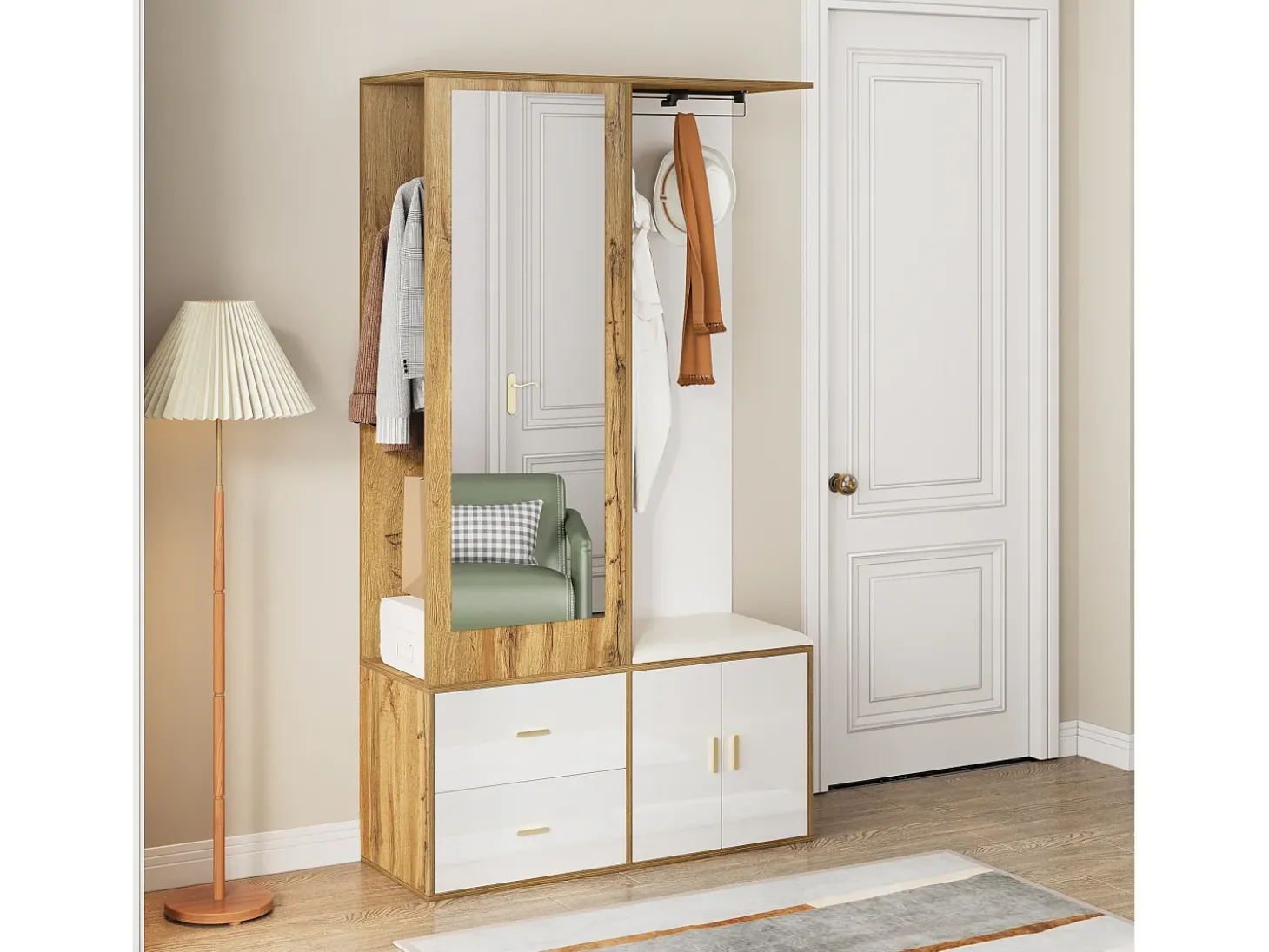 Sapateira + banco + roupeiro com espelho - 2 portas e 2 gavetas - 100x38x180cm - Aglomerado - Branco e natural
