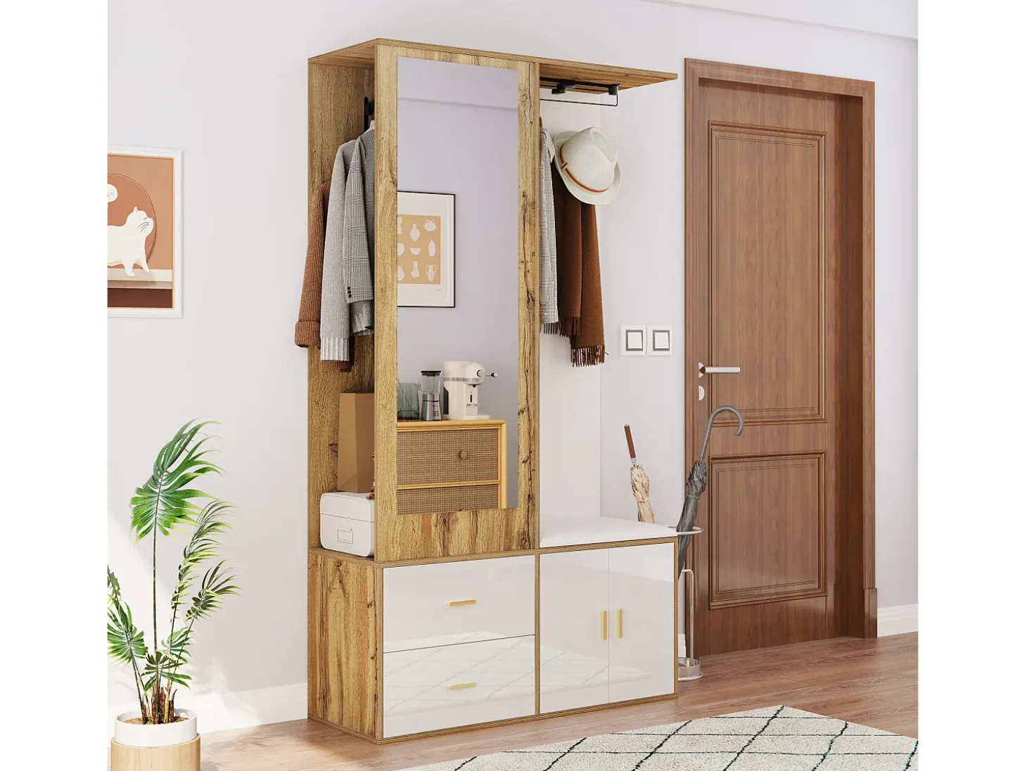 Sapateira + banco + roupeiro com espelho - 2 portas e 2 gavetas - 100x38x180cm - Aglomerado - Branco e natural