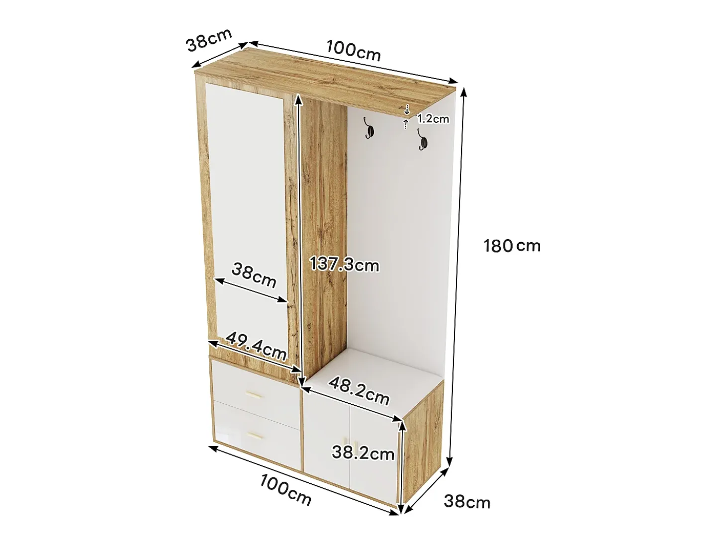 Sapateira + banco + roupeiro com espelho - 2 portas e 2 gavetas - 100x38x180cm - Aglomerado - Branco e natural