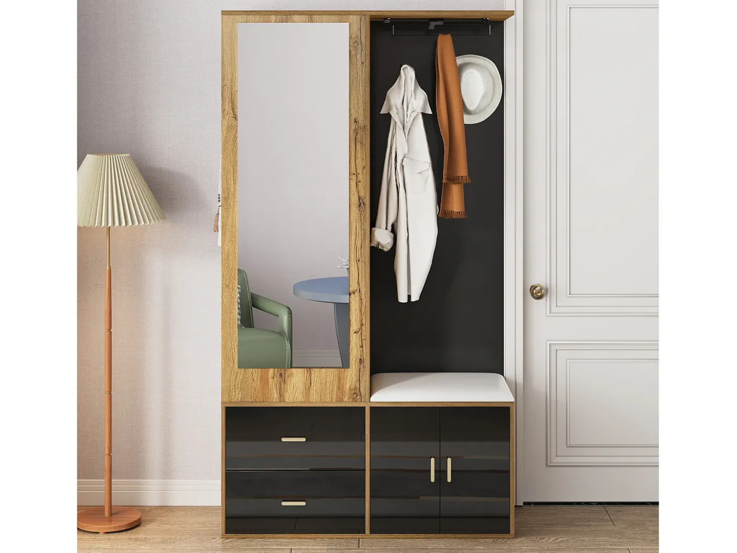 Sapateira + banco + roupeiro com espelho - 2 portas e 2 gavetas - 100x38x180cm - Aglomerado - Preto e natural