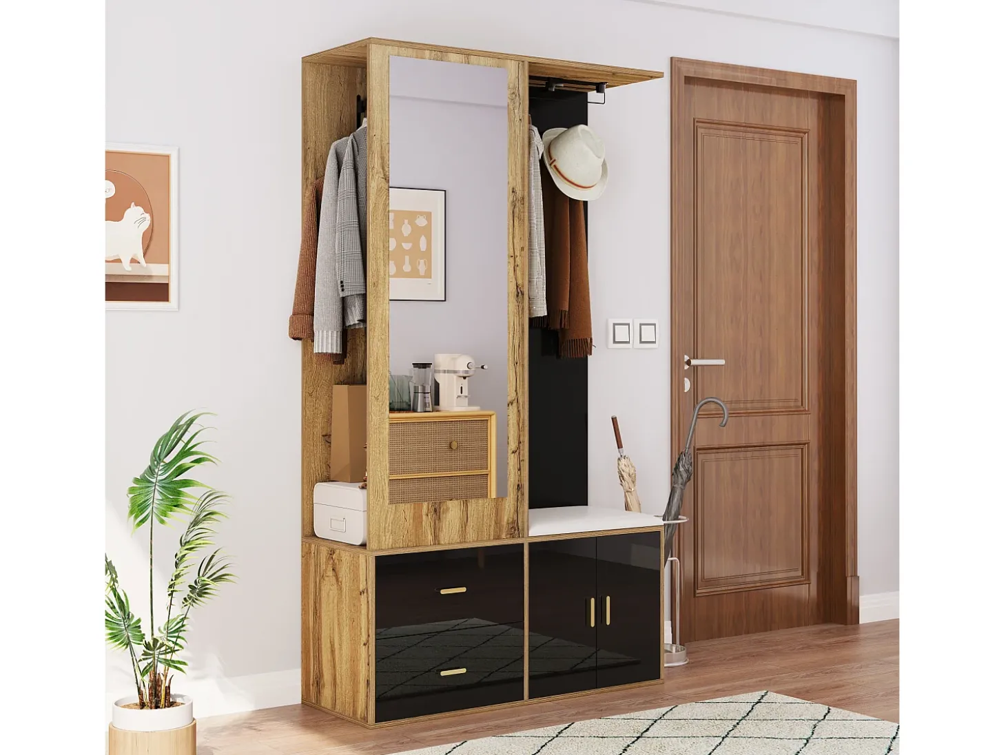 Sapateira + banco + roupeiro com espelho - 2 portas e 2 gavetas - 100x38x180cm - Aglomerado - Preto e natural