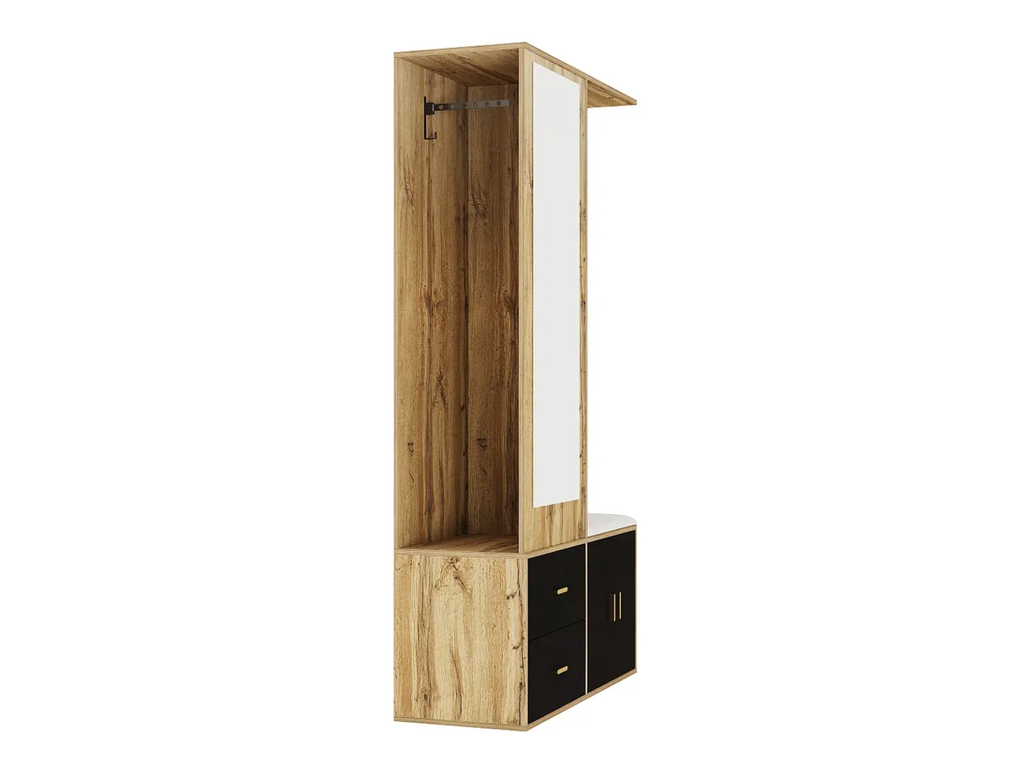 Sapateira + banco + roupeiro com espelho - 2 portas e 2 gavetas - 100x38x180cm - Aglomerado - Preto e natural
