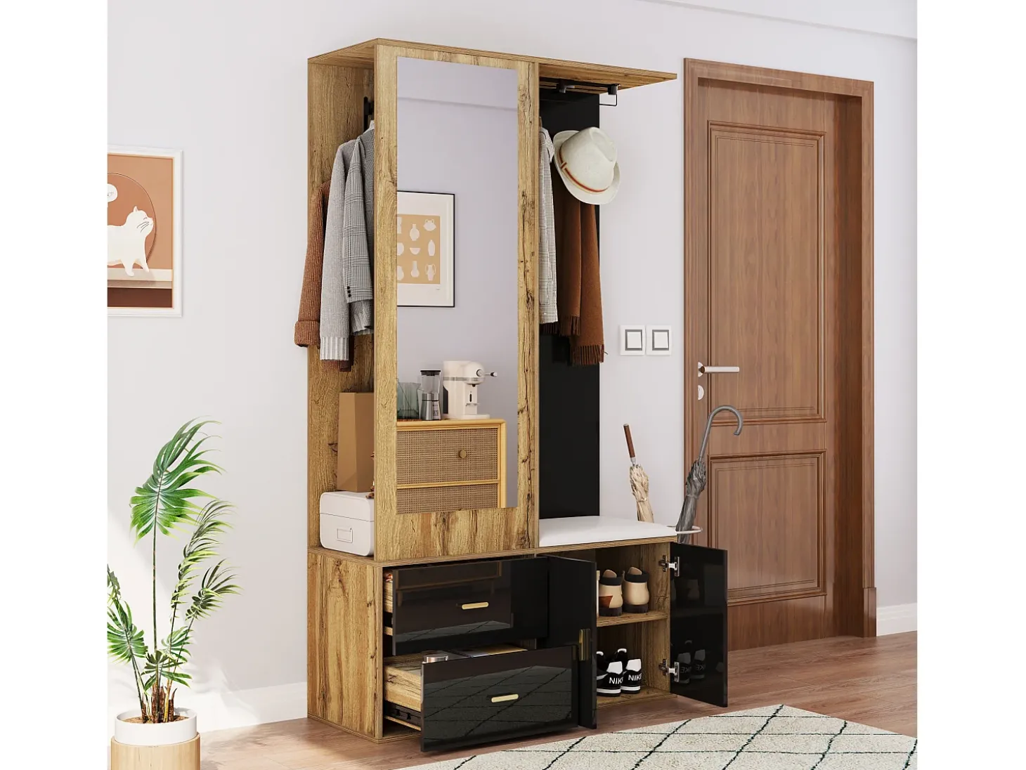 Sapateira + banco + roupeiro com espelho - 2 portas e 2 gavetas - 100x38x180cm - Aglomerado - Preto e natural