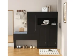 Sapateira 2 em 1 - 130 x 35 x 110 cm - com 3 portas + banco acolchoado - aglomerado - preto