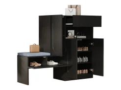 Sapateira 2 em 1 - 130 x 35 x 110 cm - com 3 portas + banco acolchoado - aglomerado - preto