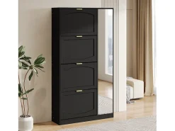 Sapateira alta moderna - 80 x 24 x 147 cm - com espelho + 4 compartimentos de arrumação dobráveis - aglomerado - preta