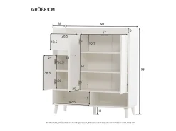 Sapateira branca com 1 gaveta e 3 portas, prateleiras reguláveis, 90x35x99 cm
