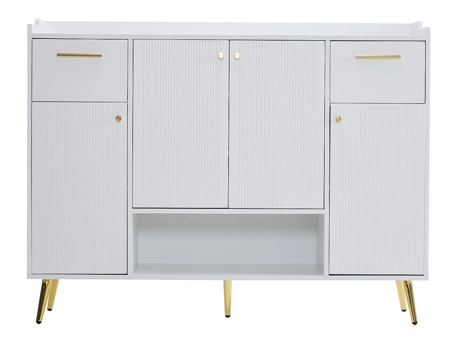 Sapateira branca com 2 gavetas e 4 portas, pés em metal 130x37x100cm