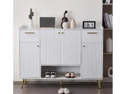 Sapateira branca com 2 gavetas e 4 portas, pés em metal 130x37x100cm