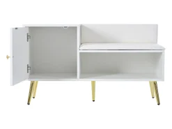 Sapateira branca com 1 porta e banco estofado, pés em metal 100x38x58cm