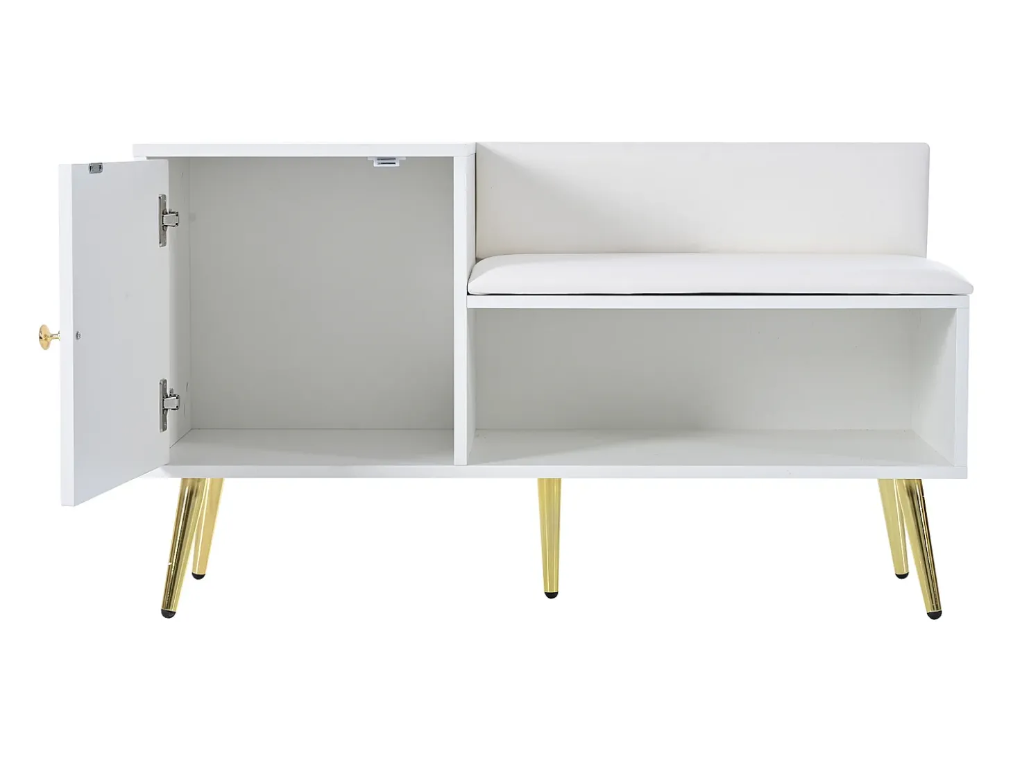 Sapateira branca com 1 porta e banco estofado, pés em metal 100x38x58cm