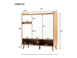 Sapateira branca e madeira com 3 portas e 1 gaveta, prateleiras reguláveis ​​​​90x35x99cm