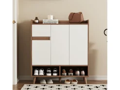 Sapateira branca e madeira com 3 portas e 1 gaveta, prateleiras reguláveis ​​​​90x35x99cm