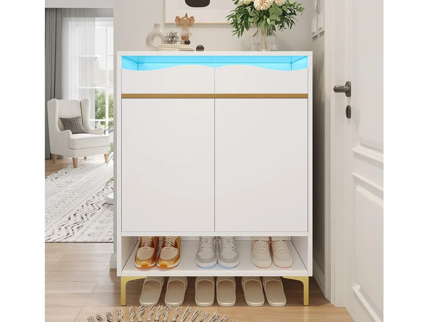 Sapateira branca moderna com LED e 2 gavetas, design e iluminação para corredor
