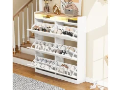 Sapateira com 6 compartimentos rebatíveis + LEDs + 2 prateleiras abertas - 120 x 24 x 130 cm - MDF - branco + natural
