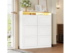 Sapateira com 6 compartimentos rebatíveis + LEDs + 2 prateleiras abertas - 120 x 24 x 130 cm - MDF - branco + natural