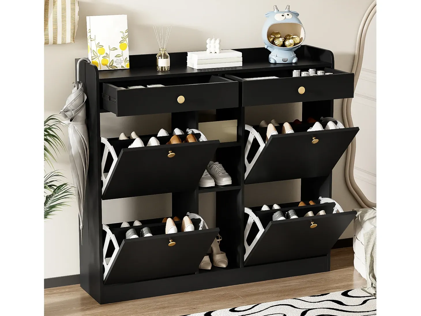 Sapateira com 2 gavetas, 3 compartimentos abertos e 4 portas de batente - 110 x 26 x 100 cm - Aglomerado - Preto