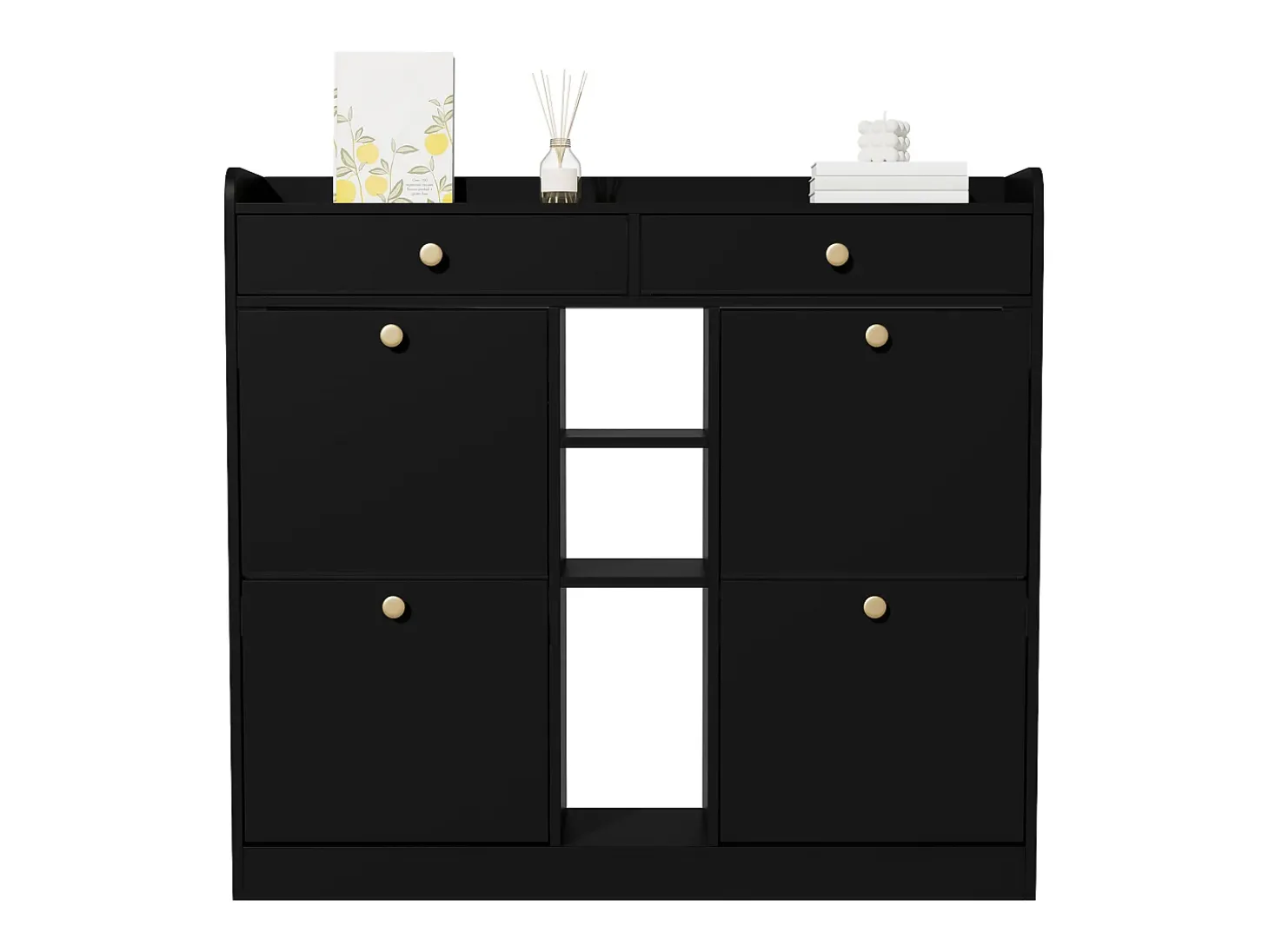 Sapateira com 2 gavetas, 3 compartimentos abertos e 4 portas de batente - 110 x 26 x 100 cm - Aglomerado - Preto