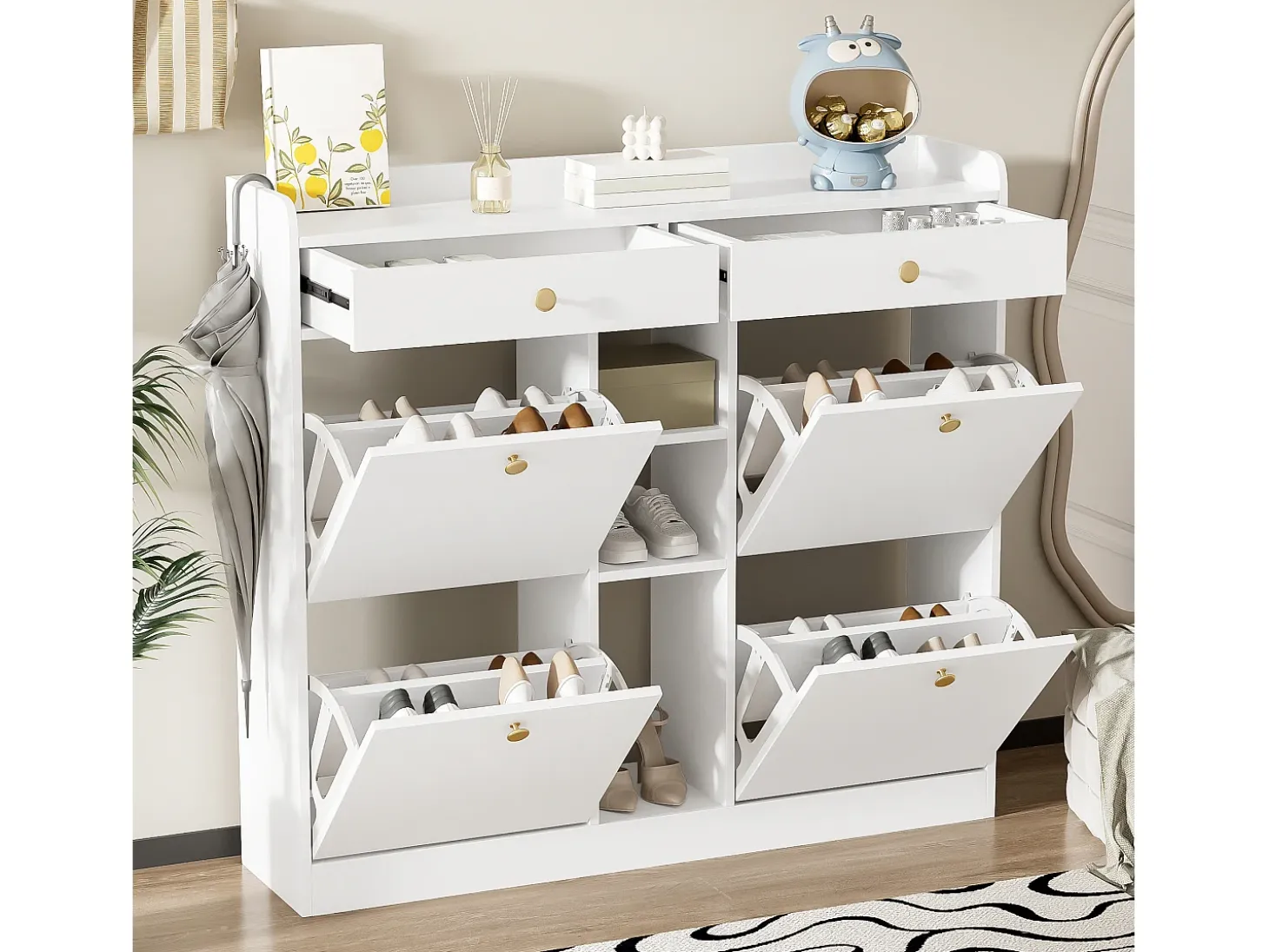 Sapateira com 2 gavetas, 3 compartimentos abertos e 4 portas de batente - 110 x 26 x 100 cm - Aglomerado - Branco