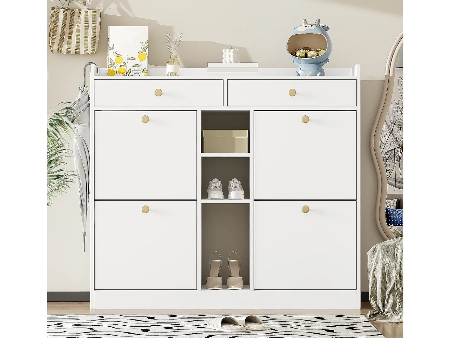 Sapateira com 2 gavetas, 3 compartimentos abertos e 4 portas de batente - 110 x 26 x 100 cm - Aglomerado - Branco