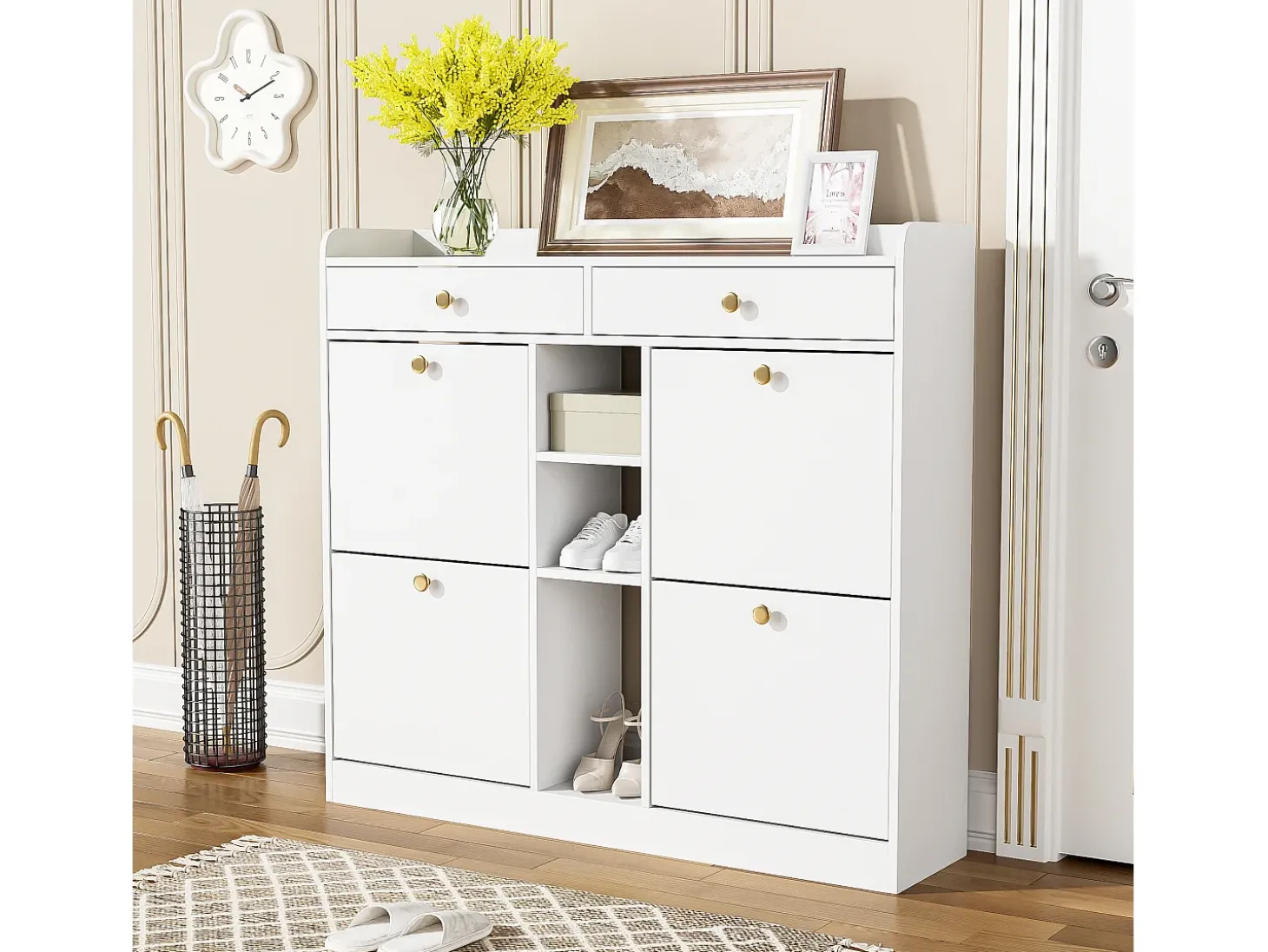 Sapateira com 2 gavetas, 3 compartimentos abertos e 4 portas de batente - 110 x 26 x 100 cm - Aglomerado - Branco