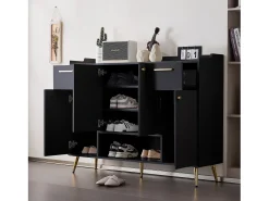 Sapateira com 2 gavetas e 4 portas - 130 x 37 x 100 cm - pés metálicos e aglomerado - Preto