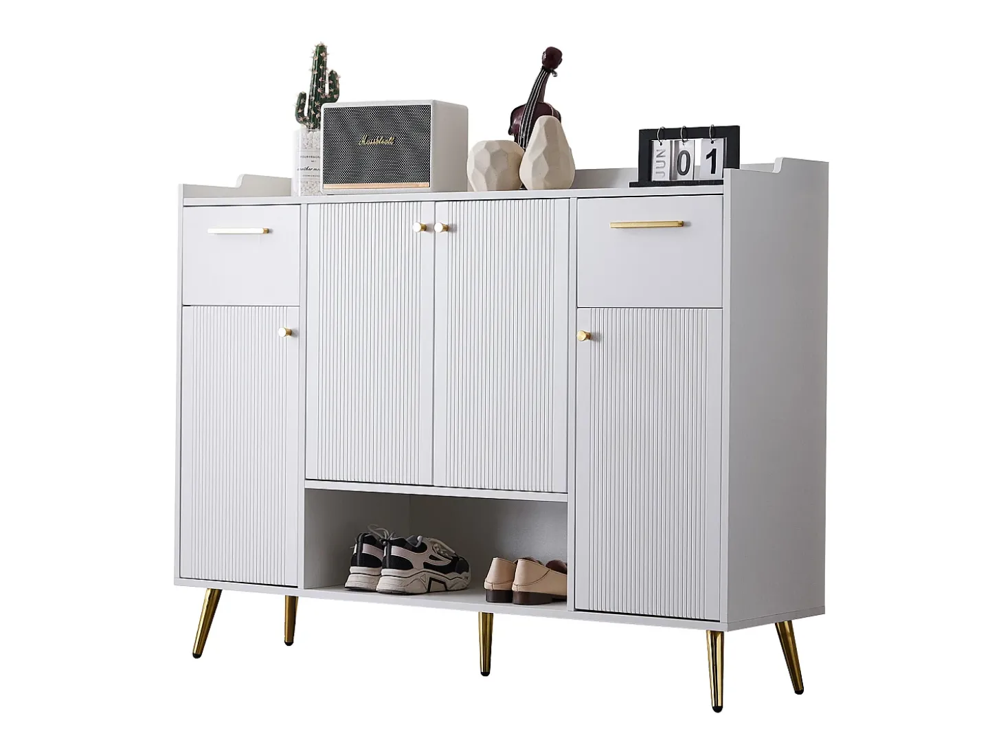 Sapateira com 2 gavetas e 4 portas - 130 x 37 x 100 cm - pés metálicos e aglomerado - Branco