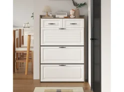Sapateira com 2 gavetas e 3 portas - Puxadores pretos - Branco + natural