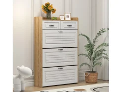 Sapateira com 2 gavetas e 3 portas - Puxadores pretos - Branco + natural